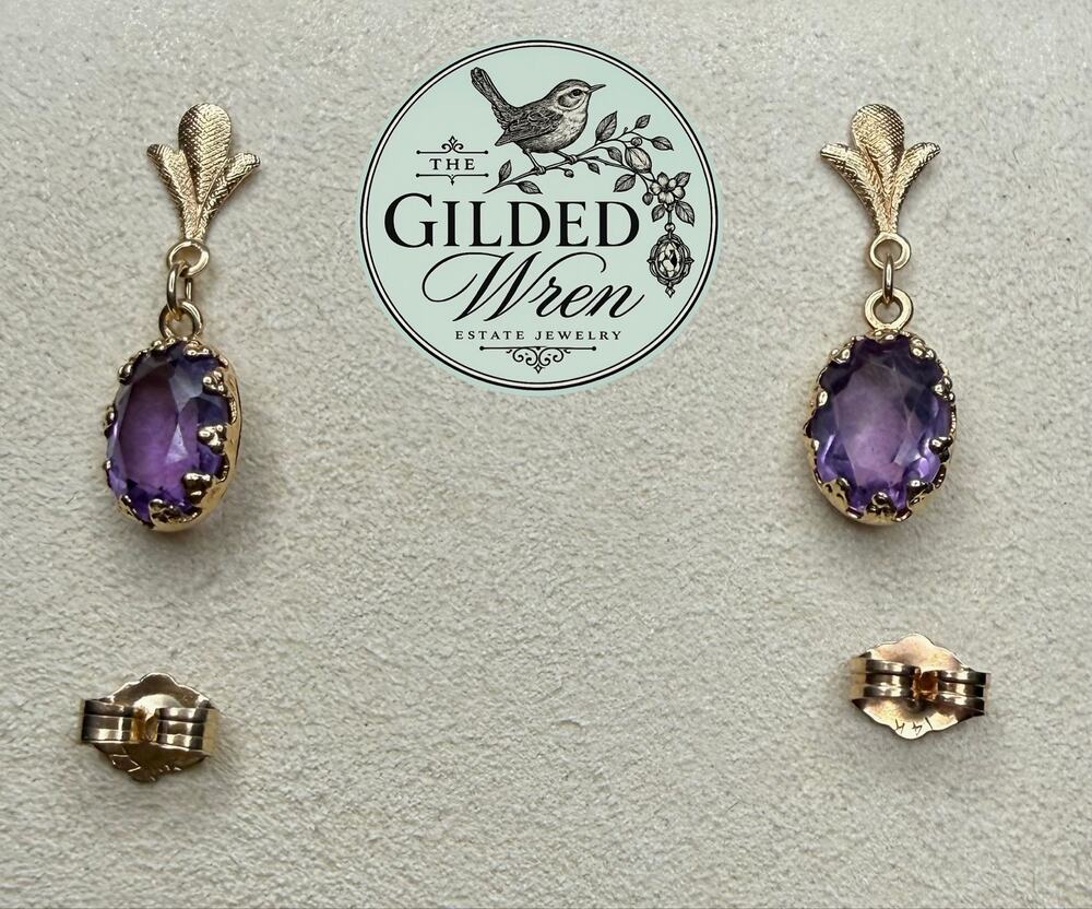 14K Amethyst Dangle Earrings 1.22g, 8.5mm x 6.5mm, hang length is 1.2”